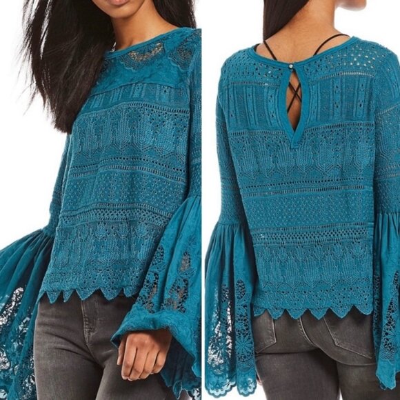 Free People Turquoise Once Upon A Time Bell Sleeve Peasant Top SM NWOT - Picture 9 of 17